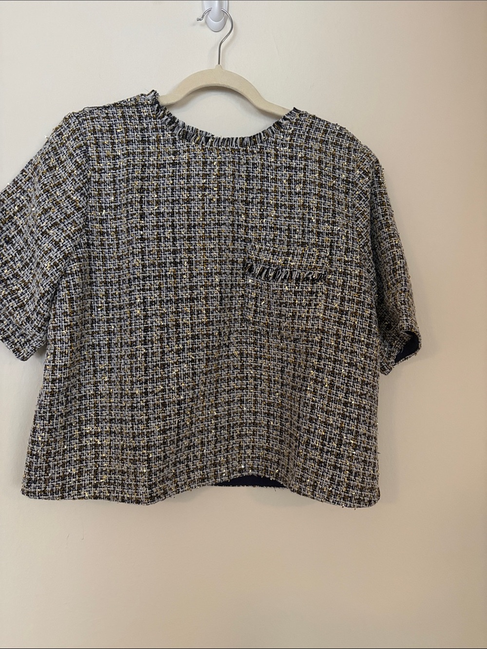 LOFT Tweed Boxy Crop Top - Navy & White